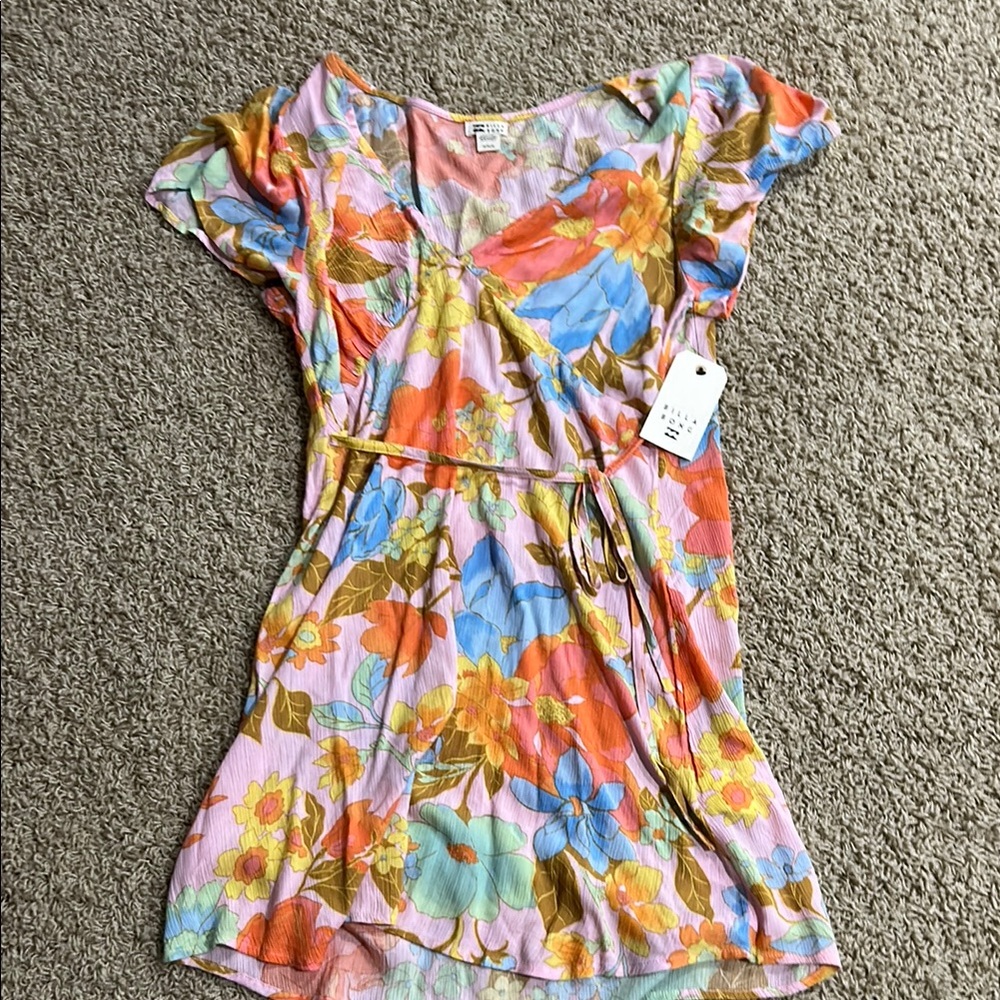 Billabong V-Neck Orange Yellow Flutter Sleeve Sundress